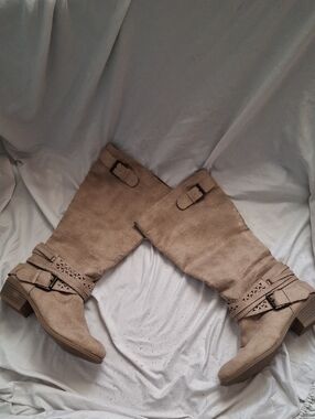 Vanity Taupe Suede Knee-High Buckle Boots